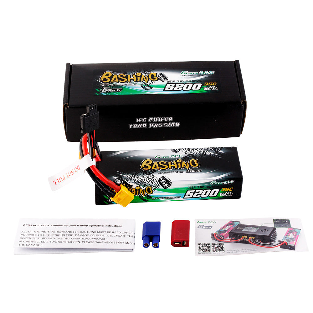 Gens ace 5200mAh 2S 7.4V 35C LiPo Battery, Gens ace Bashing 5200mAh 2S 7.4V 35C LiPo battery pack with XT60 plug, balance lead, and adapters