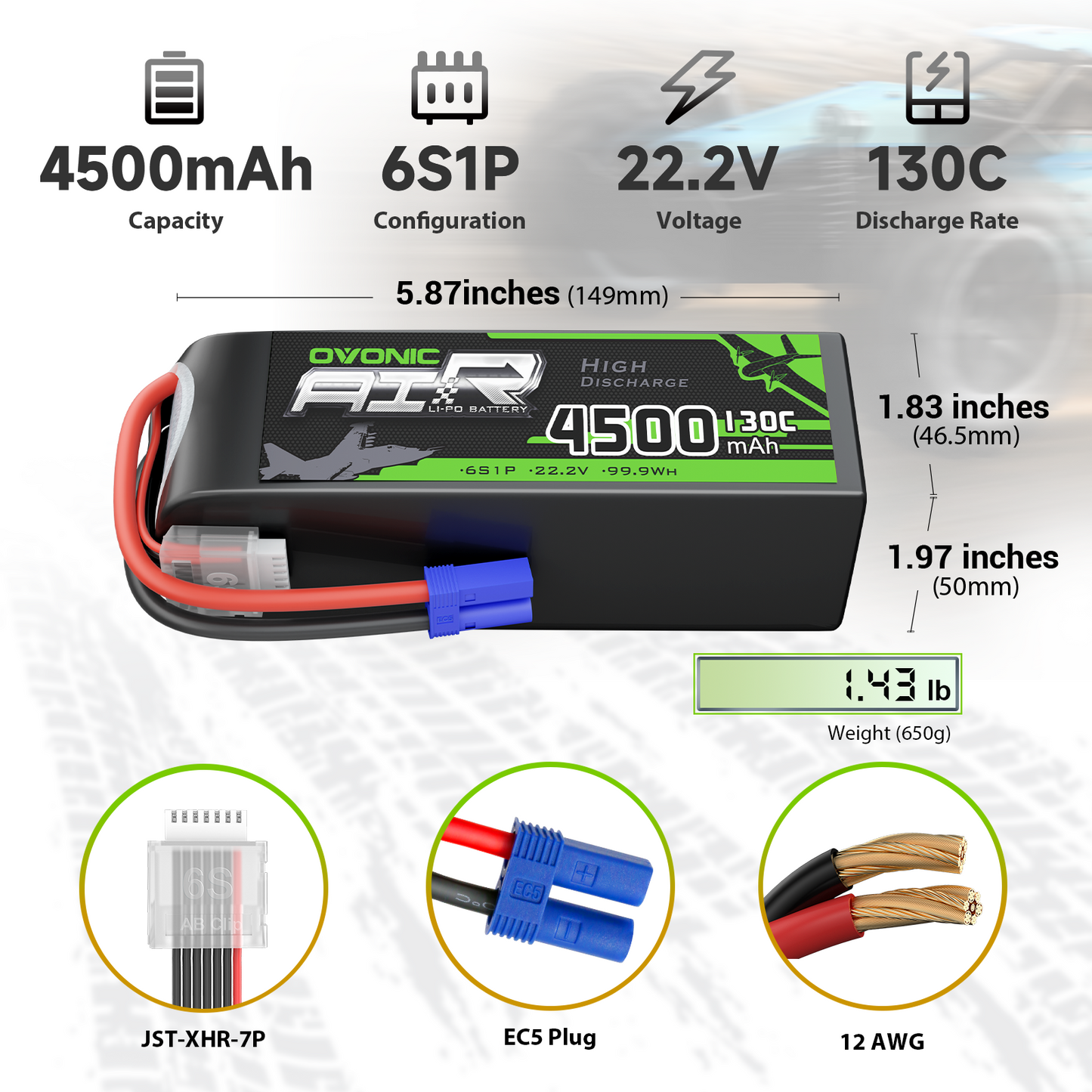 OVONIC 6S 4500mAh 22.2V 130C LiPo battery with EC5 plug, dimensions and weight chart