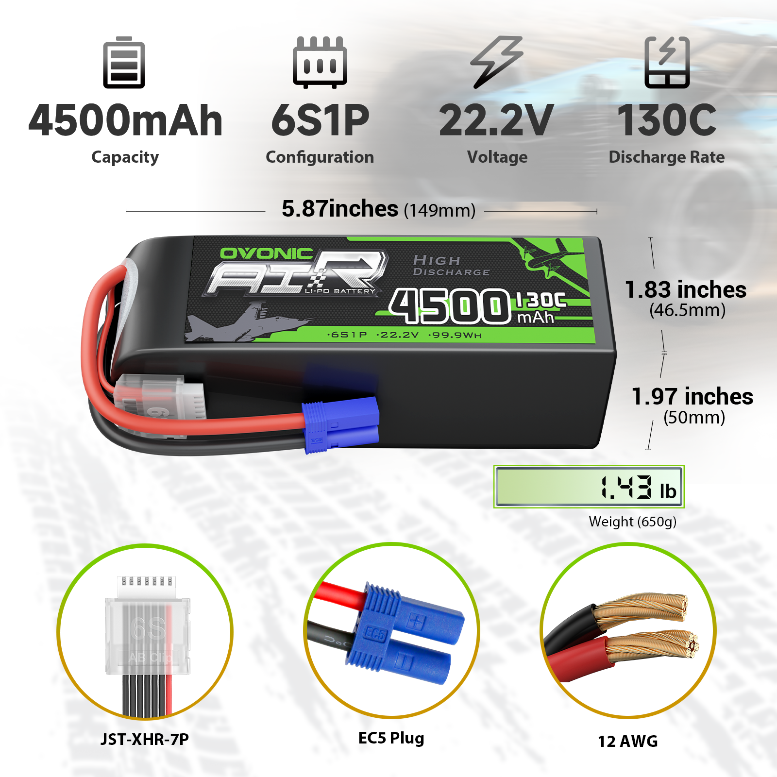 OVONIC 6S 4500mAh 22.2V 130C LiPo battery with EC5 plug, dimensions and weight chart