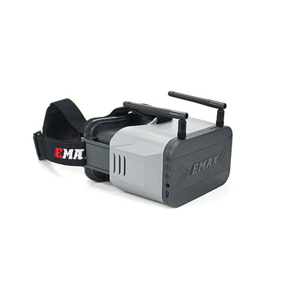 EMAX Transporter 2 FPV goggle headset with dual antennas and adjustable head strap, angled view
