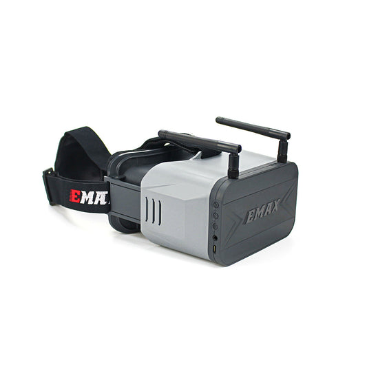 EMAX Transporter 2 FPV goggle headset with dual antennas and adjustable head strap, angled view
