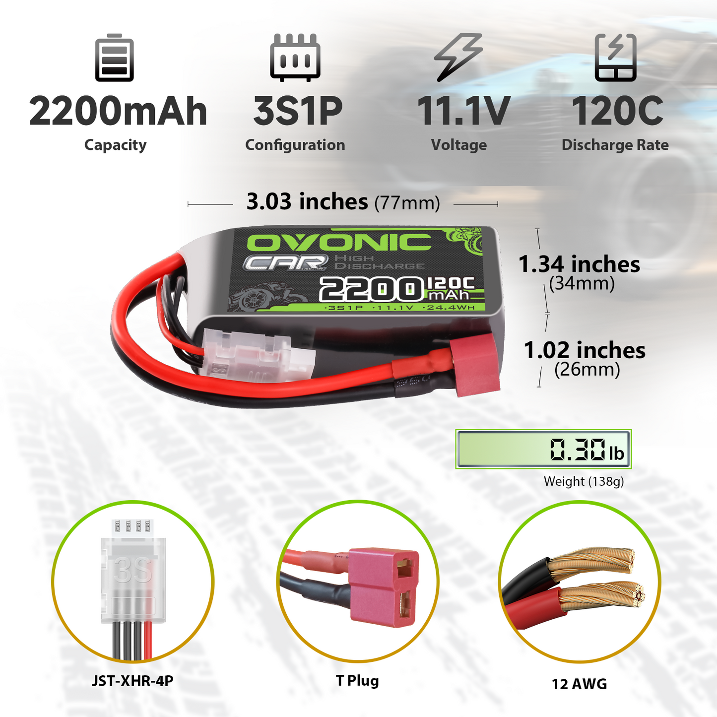 OVONIC 3S short LiPo battery specs graphic: 2200mAh 3S1P 11.1V 120C, size, weight, JST-XHR-4P and T plug