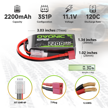 OVONIC 3S short LiPo battery specs graphic: 2200mAh 3S1P 11.1V 120C, size, weight, JST-XHR-4P and T plug