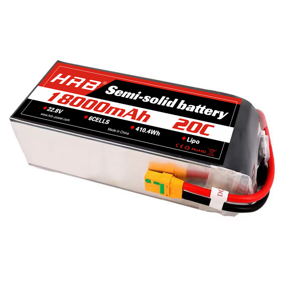 HRB 18000mAh 6S 22.8V 20C semi-solid LiPo battery pack with yellow connector and balance lead
