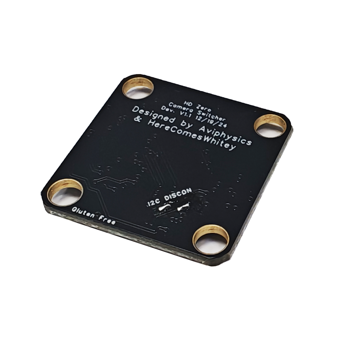 HD camera switcher PCB back side showing printed credits, version text, and I2C DISCON pads