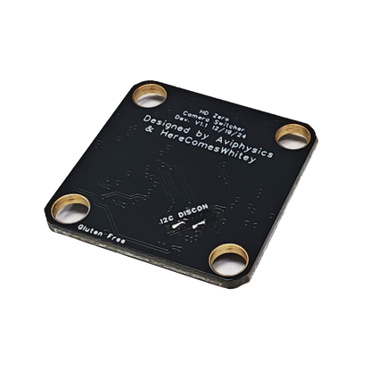 HD camera switcher PCB back side showing printed credits, version text, and I2C DISCON pads