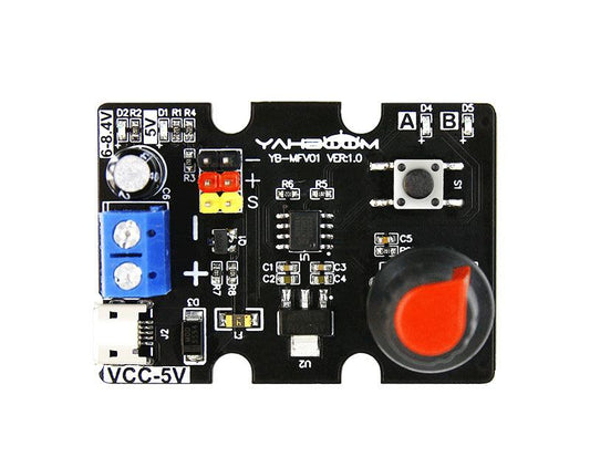 Yahboom Single-Channel Dual PWM servo control board, top view with knob, push button, and VCC-5V port