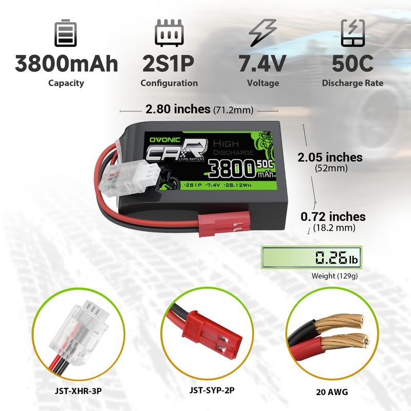 OVONIC 3800mAh 2S 7.4V 50C transmitter LiPo battery size chart with JST-SYP plug and 20AWG leads