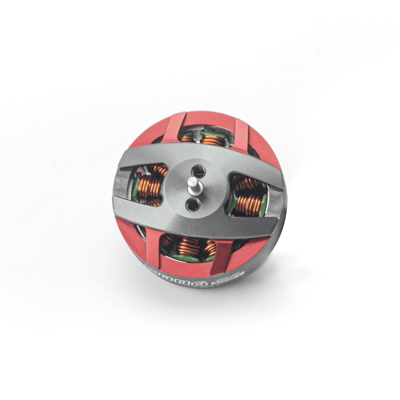 OddityRC Spinnybois 2006 2150KV motor top view with red bell and exposed copper windings
