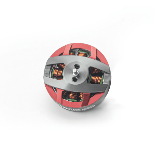 OddityRC Spinnybois 2006 2150KV motor top view with red bell and exposed copper windings