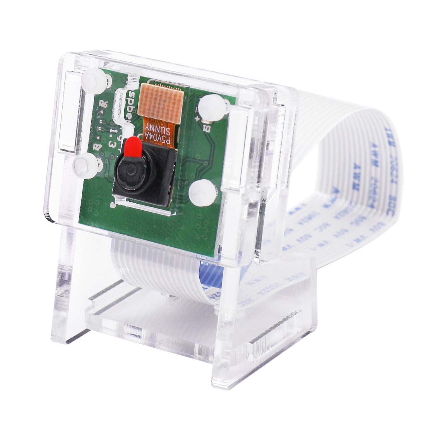 CSI Camera Acrylic Protective Case with clear stand, showing camera module and attached ribbon cable