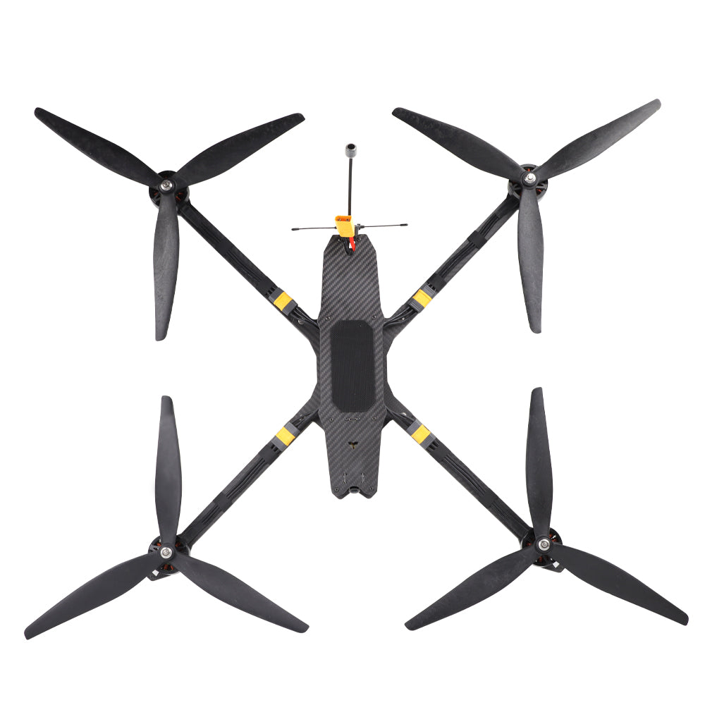 HGLRC MY15 Long-Range FPV drone top view with four tri-blade propellers and carbon frame