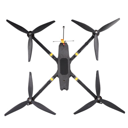 HGLRC MY15 Long-Range FPV drone top view with four tri-blade propellers and carbon frame