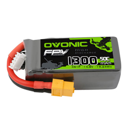 Side profile of OVONIC FPV 1300mAh 50C 4S 14.8V LiPo battery with wiring and XT60 connector