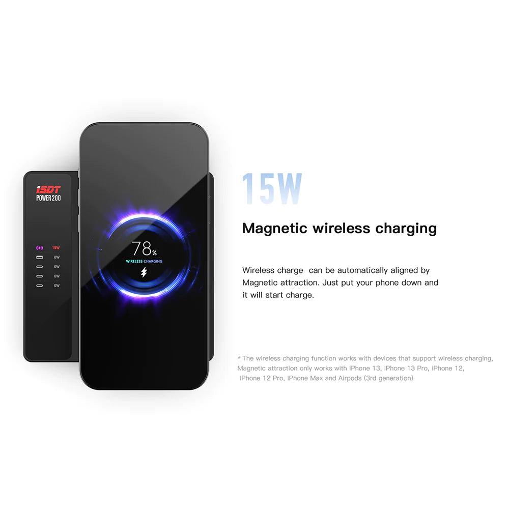 ISDT Power 200 Charger, wireless charging function works with devices that support wireless charging . Magnetic attraction only works wl