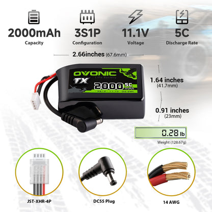 Ovonic 2-Pack 3S 2000mAh 11.1V 5C LiPo Battery Softcase DC55 Plug for RC TX/RX (JST-XHR-4P)