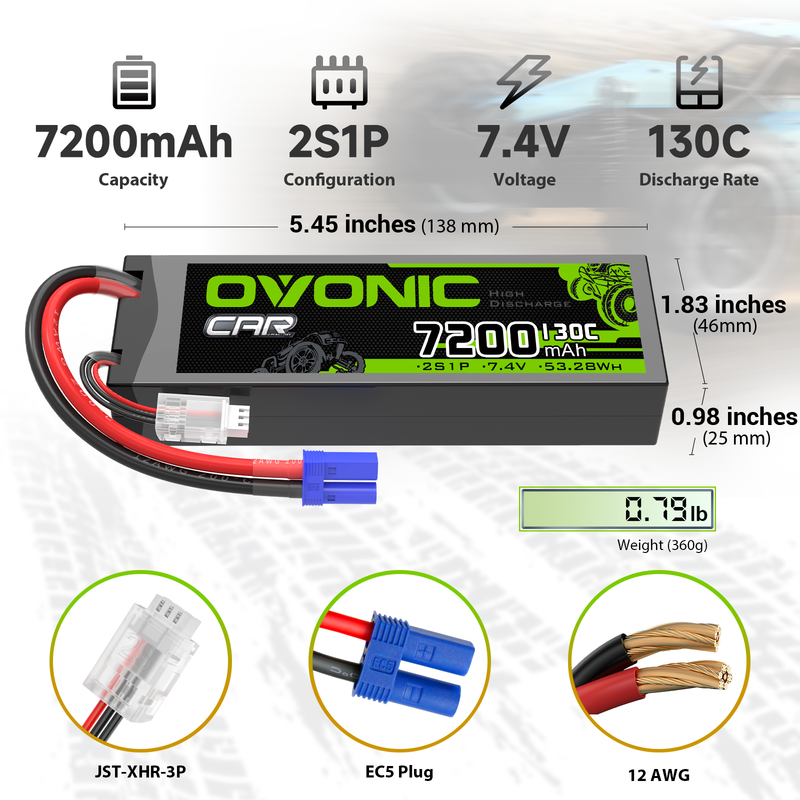OVONIC 2S 7200mAh 130C hardcase LiPo specs and dimensions graphic with EC5 plug and JST-XHR-3P lead