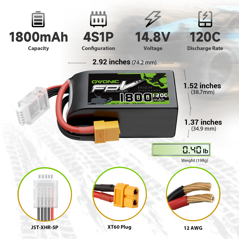 OVONIC 1800mAh 4S1P 14.8V 120C LiPo battery size 2.92 in, XT60 plug, JST-XHR-5P, 12AWG, 198g