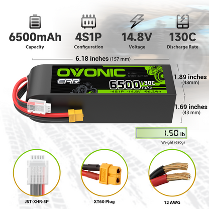 OVONIC 4S 6500mAh 14.8V 130C LiPo battery size and specs infographic with XT60 plug and JST-XHR-5P lead