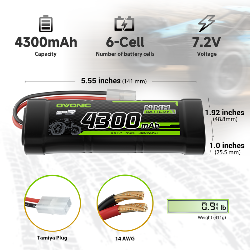 2-Pack OVONIC 7.2V 4300mAh 6-cell NiMH battery dimensions, Tamiya plug, 14AWG leads, 411g weight