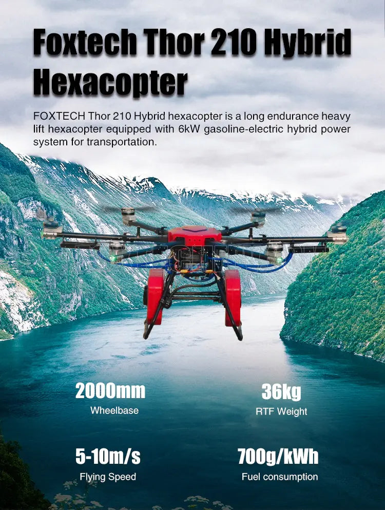 The Foxtech Thor 210 Hybrid Hexacopter is a long-endurance hexacopter with a hybrid power system.