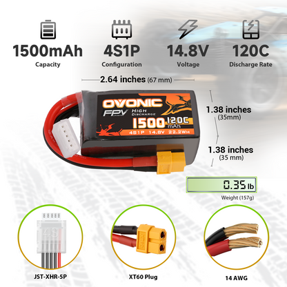 Ovonic 4S 1500mAh 14.8V 120C FPV LiPo battery size and connectors, XT60 plug and JST-XHR-5P lead