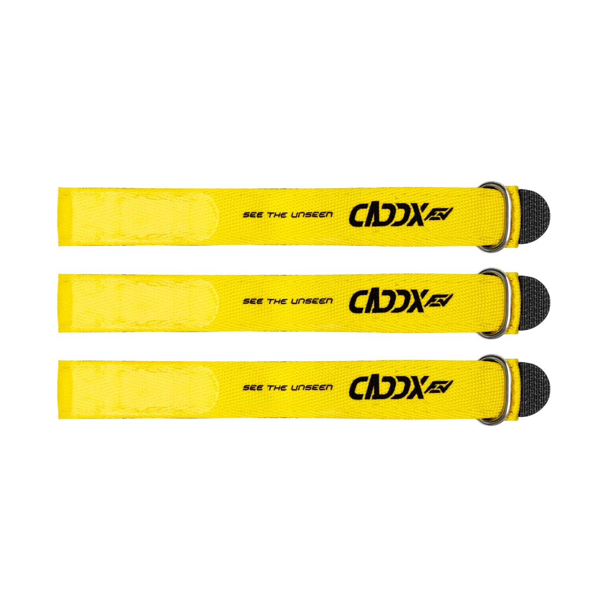 CaddxFPV Logo Battery Strap set, yellow hook-and-loop straps with metal buckle and Caddx logo