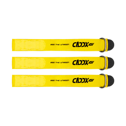 CaddxFPV Logo Battery Strap set, yellow hook-and-loop straps with metal buckle and Caddx logo