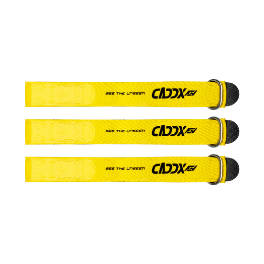 CaddxFPV Logo Battery Strap set, yellow hook-and-loop straps with metal buckle and Caddx logo