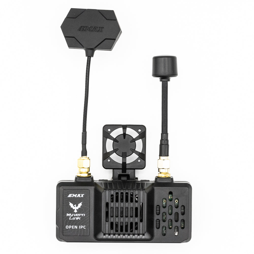 EMAX OpenIPC Wyvern Link Goggle VRX module front view with dual antennas and cooling fan mount
