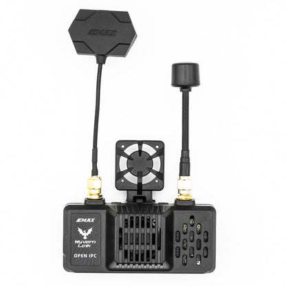 EMAX OpenIPC Wyvern Link Goggle VRX module front view with dual antennas and cooling fan mount