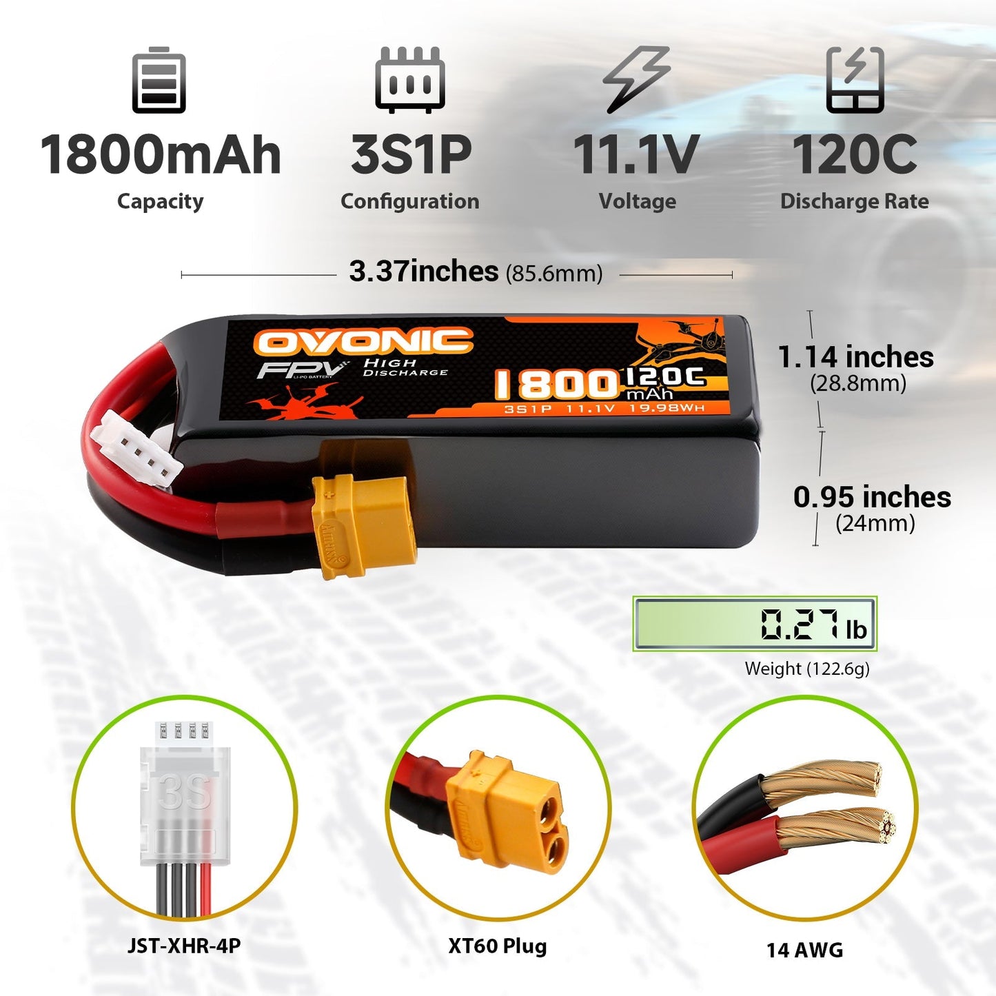 Ovonic 1800mAh 3S1P 11.1V 120C LiPo battery dimensions, weight, XT60 plug and 14AWG wire infographic