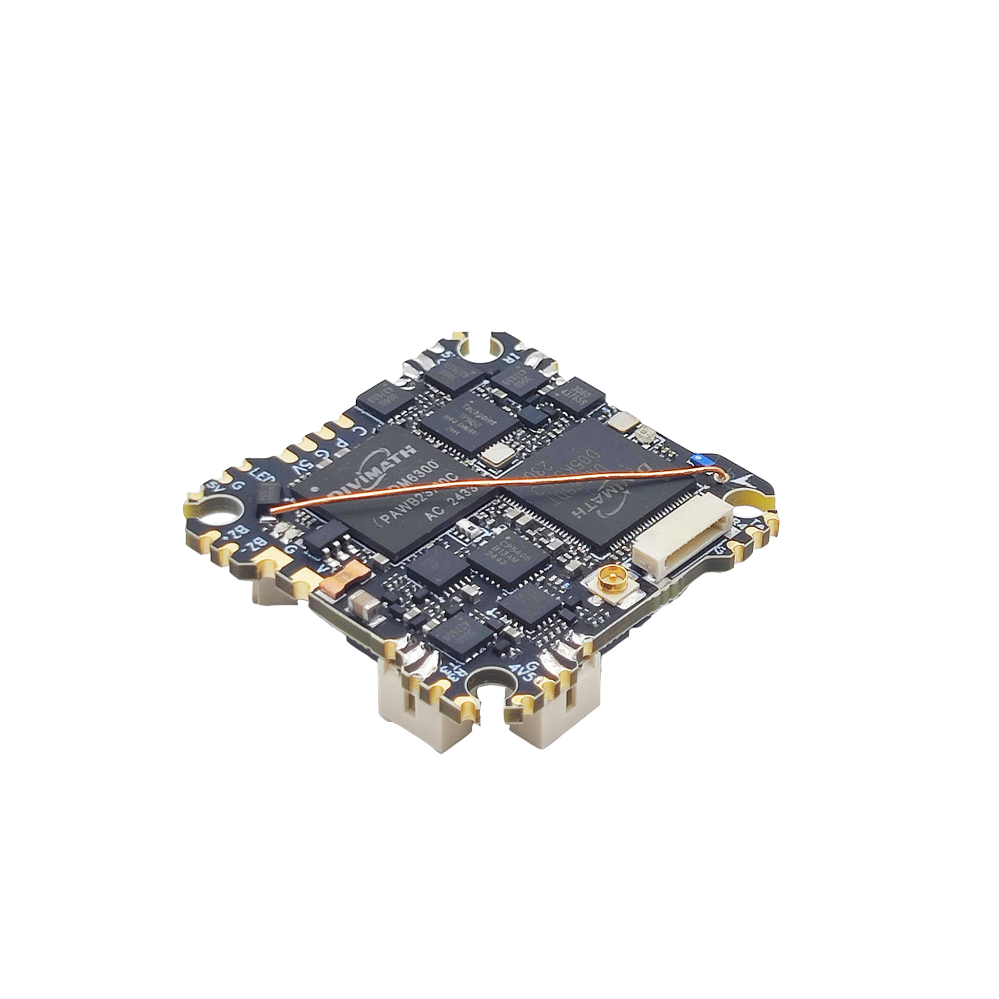 HDZero AIO15 digital AIO flight system board, angled top view with components and connector port