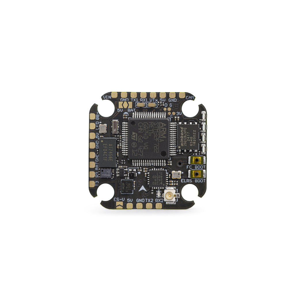 HGLRC SPECTER F722 Lite Flight Controller top view showing solder pads, MCU, and boot buttons