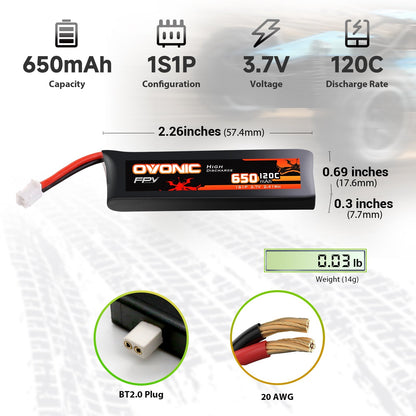 650mAh 1S 3.7V 120C LiPo battery size chart, 2.26 in length, BT2.0 plug, 20AWG wire, 14g