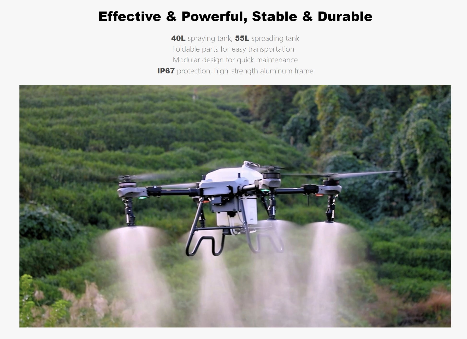 TopXGun FP500 Agriculture Drone, Drone features include stable 40L tank, spreader, and foldable parts for transport, plus durable frame and IP67 protection.