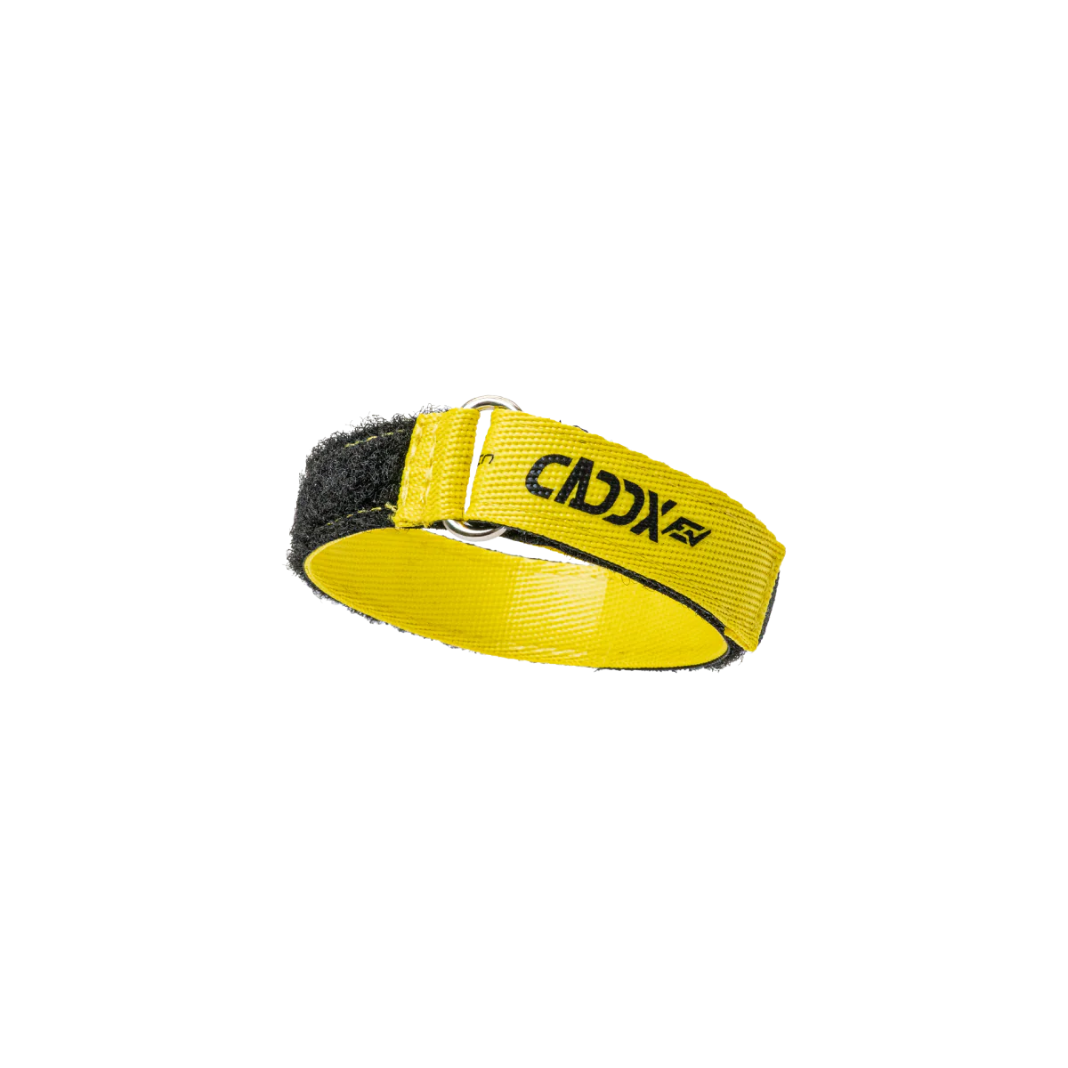 Yellow Caddx battery strap close-up, looped through metal buckle showing hook-and-loop fastening