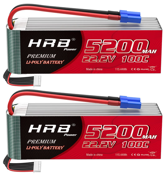 HRB 2-Pack 22.2V 6S 5200mAh 100C LiPo Battery set, two packs with blue EC5 connectors