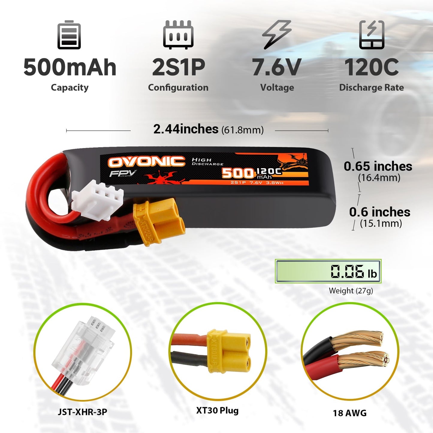 OVONIC 2S1P 500mAh LiHV battery specs: 7.6V 120C, 2.44in length, XT30 plug, JST-XHR-3P, 18AWG leads