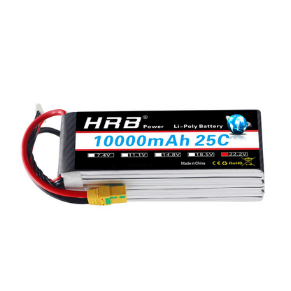 HRB 22.2V 10000mAh 6S 25C LiPo battery pack with XT90 plug and balance lead, side label view