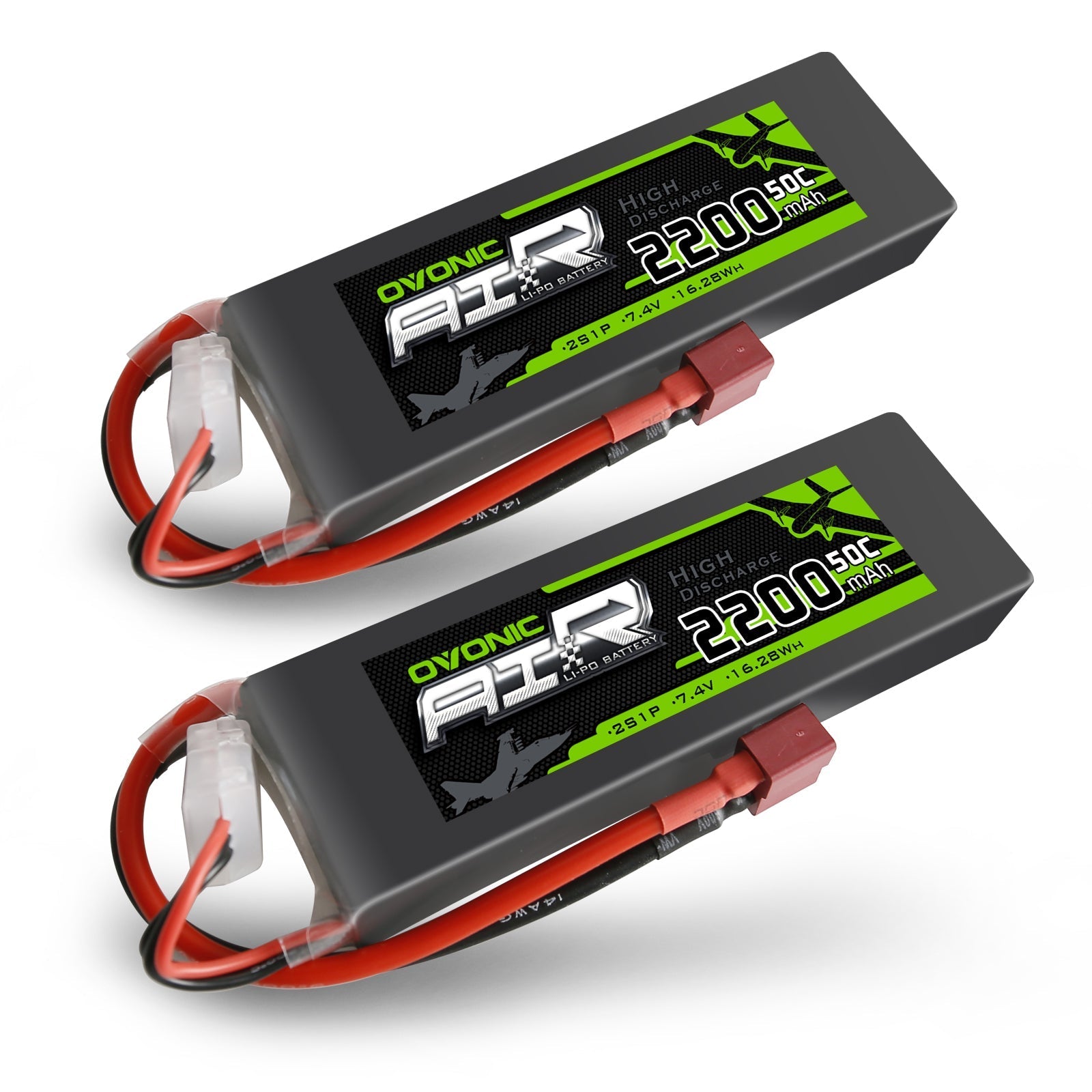 OVONIC 2S LiPo Battery 2200mAh 7.4V 50C 2-pack with Deans T connector and balance lead
