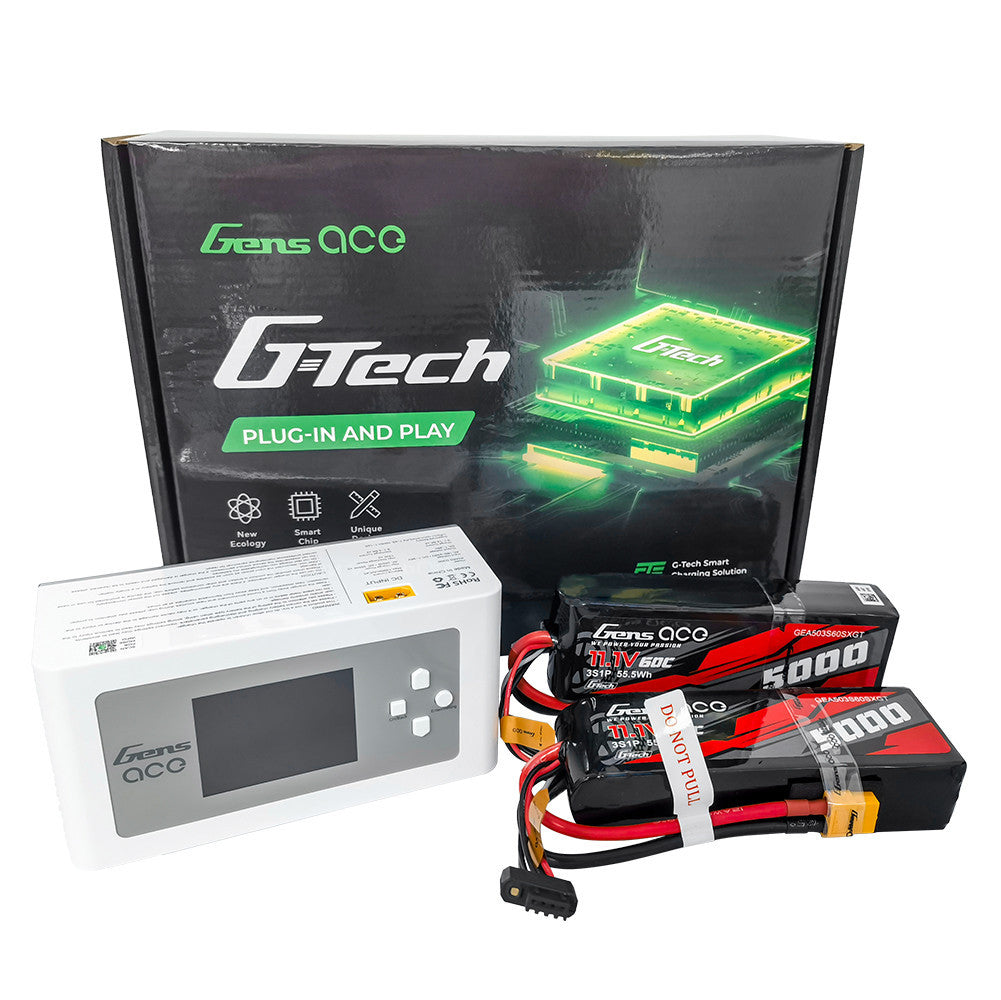 Gens ace G-Tech bundle with iMars D300 charger and two 5000mAh 3S 11.1V 60C LiPo batteries with XT60 plugs