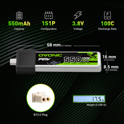Ovonic 550mAh 1S1P 3.8V LiHV battery specs graphic: 100C, 68×16×8.5 mm, 17.5 g, BT2.0 plug