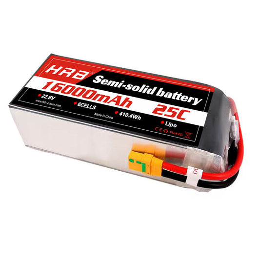 HRB 16000mAh 25C 6S 22.8V semi-solid LiPo battery pack with XT90-style connector and leads