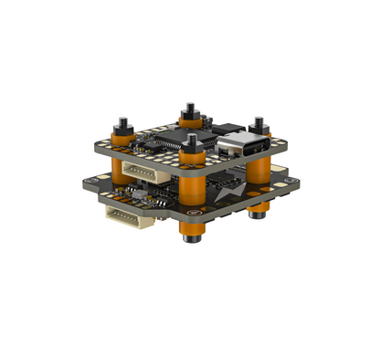 OddityRC F405 Mini 40A Stack (AM32) assembled stack, side angle showing two boards, standoffs and plug connectors