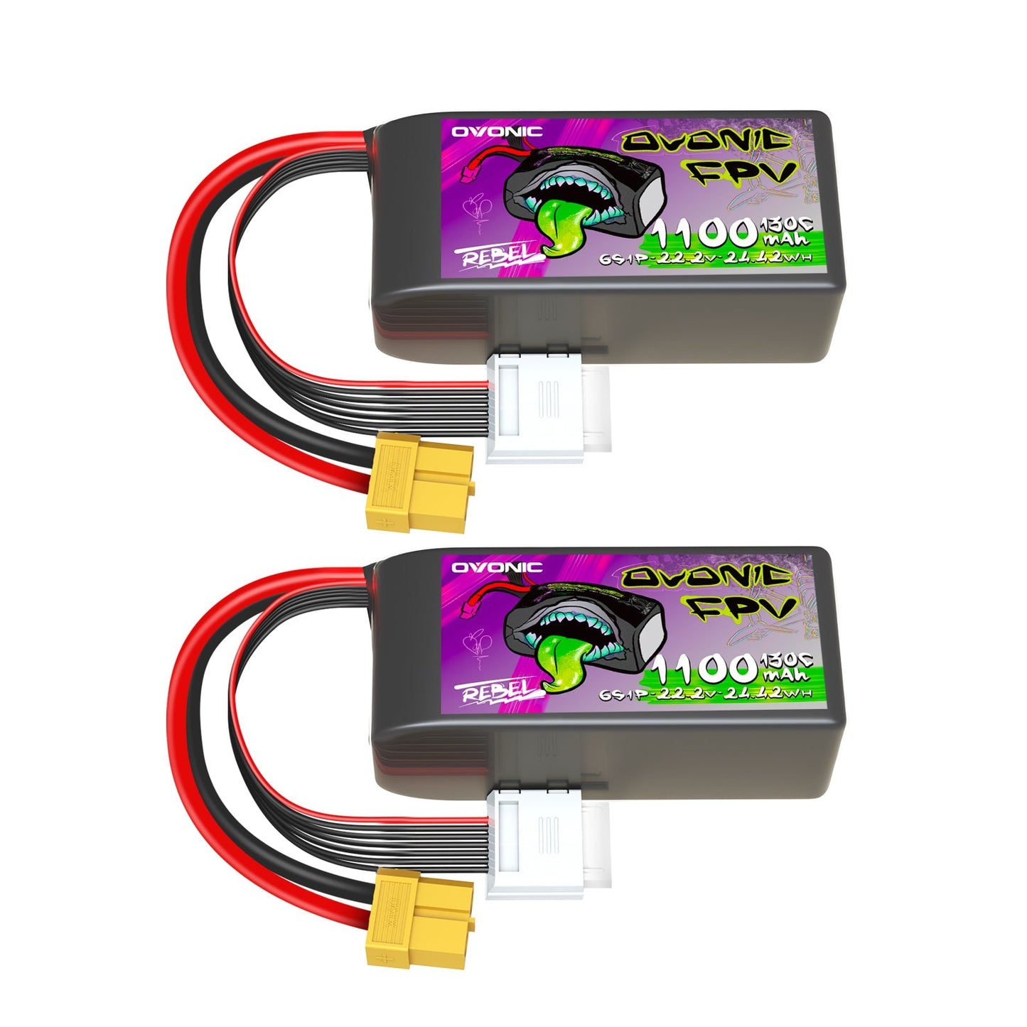 2-pack Ovonic Rebel 2.0 6S 1100mAh 130C 22.2V LiPo batteries with XT60 lead and JST-XHR balance plug