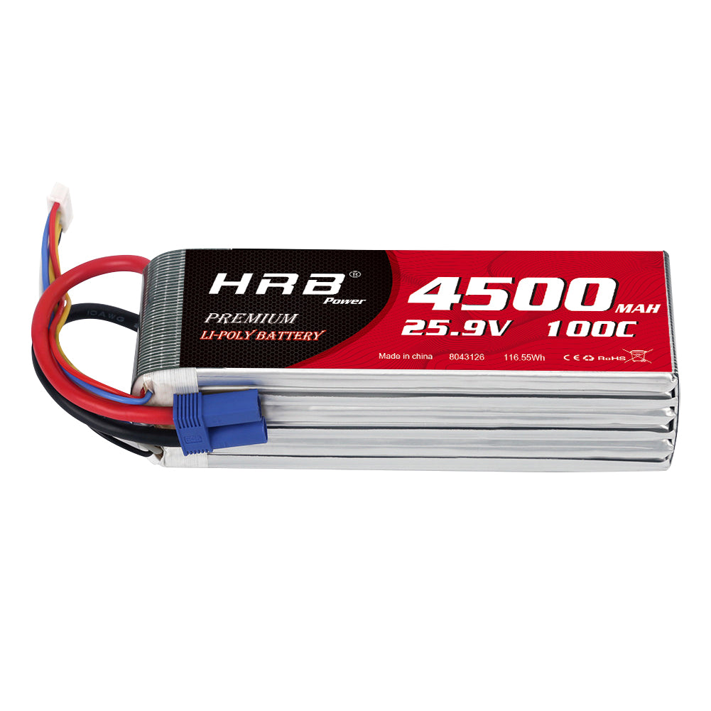 HRB 4500mAh 7S 25.9V 100C LiPo battery pack with EC5 plug and balance lead, side view