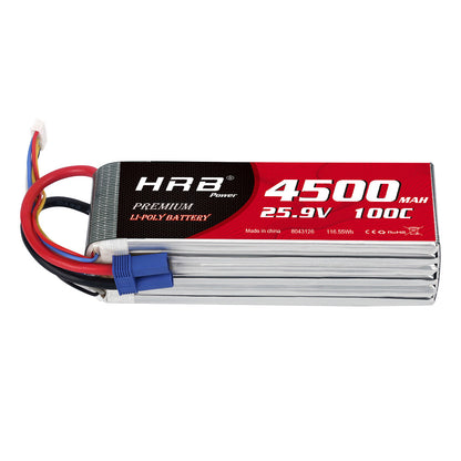 HRB 4500mAh 7S 25.9V 100C LiPo battery pack with EC5 plug and balance lead, side view