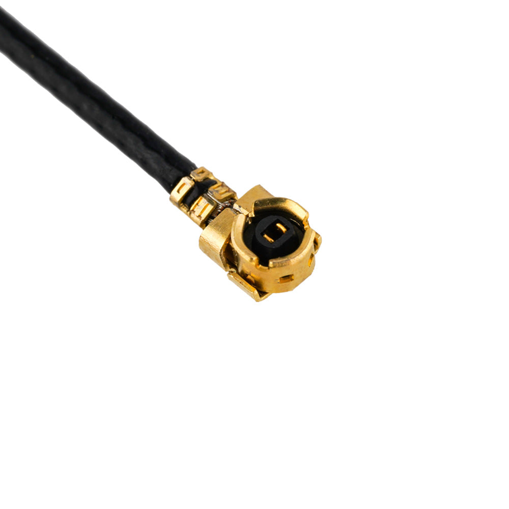 IPEX1 micro coax connector close-up on RadioMaster dual-band antenna cable, front view