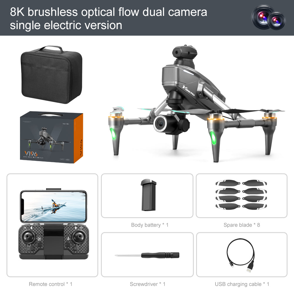 V196 Drone, Mini drone with 8K cameras, brushless motor, and accessories for aerial photography.